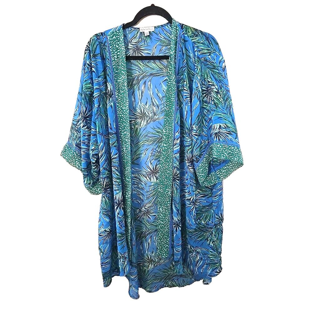 Ophelia Roe Blue‎ Tropical Open Front Beach Summer Kimono Top Womans Size L/XL